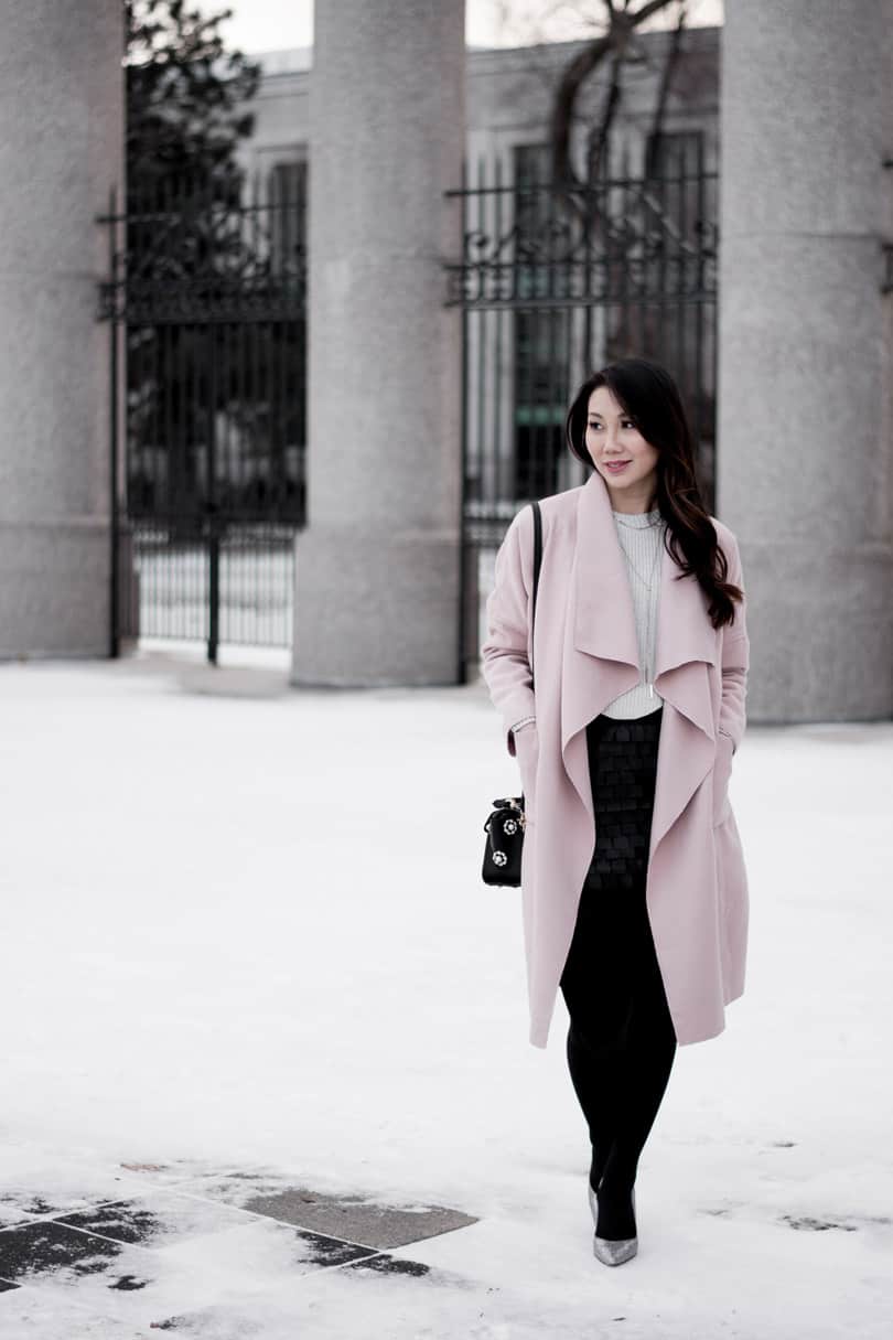 Long pink coat on sale outfit