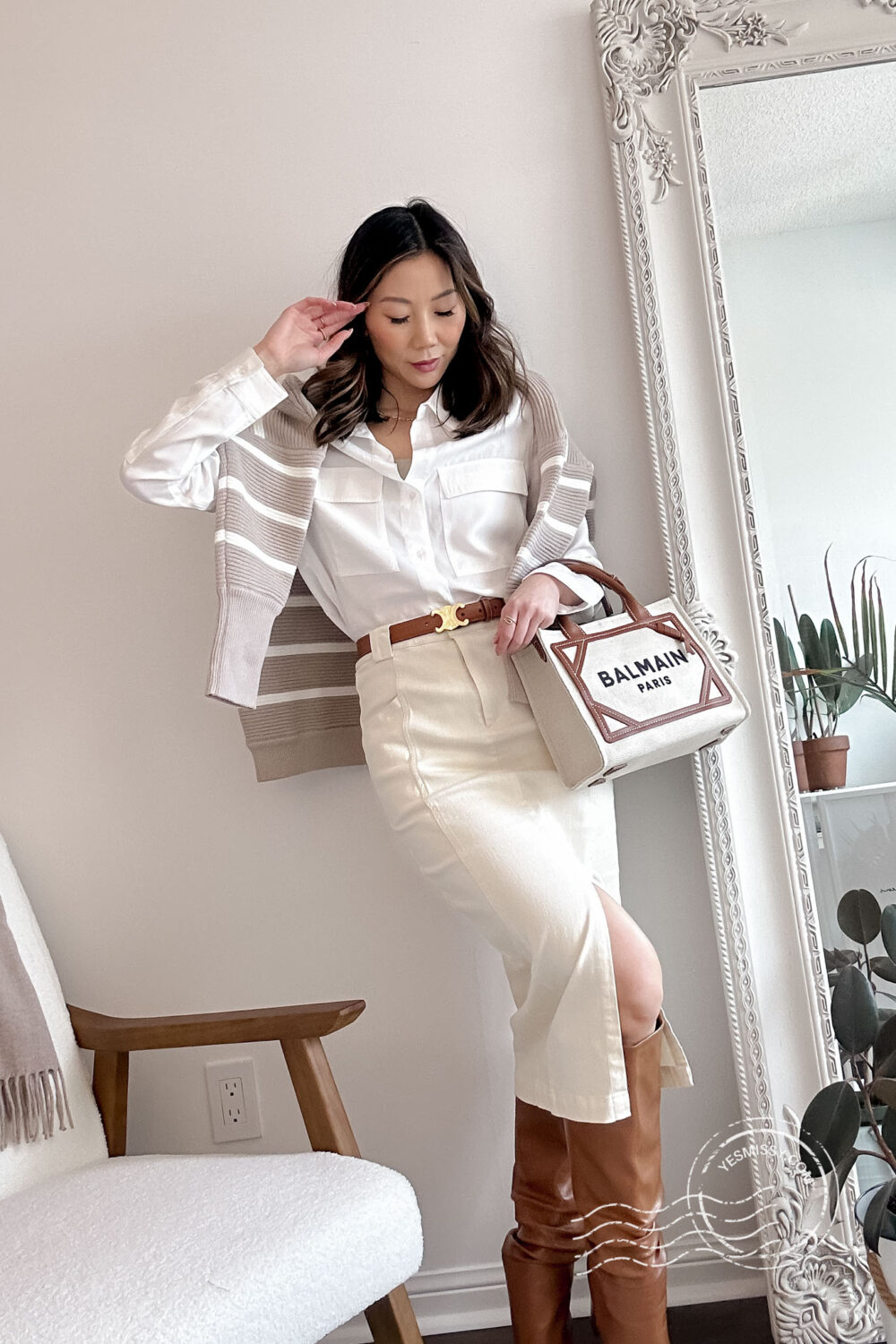 white denim skirt outfit with striped sweater louis vuitton graceful mm  YESMISSY - YesMissy