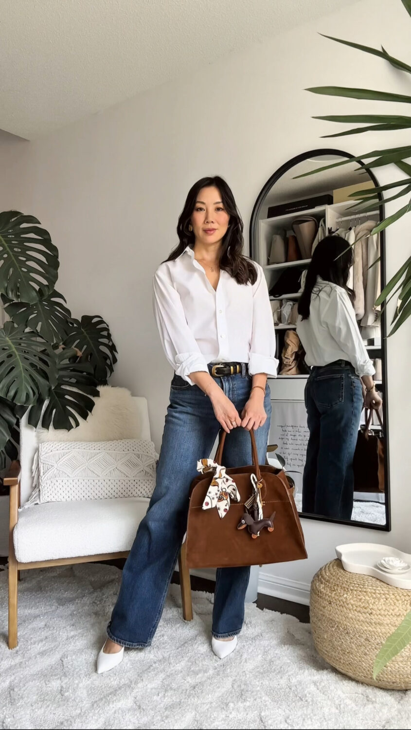classy casual OOTD - button down shirt with boot cut jeans and suede bag