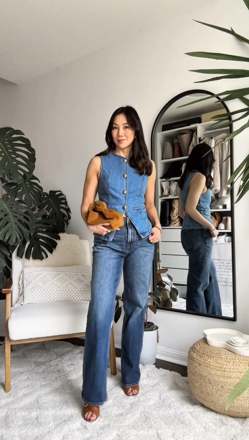Canadian tuxedo - denim and denim look with vest and boot cut jeans