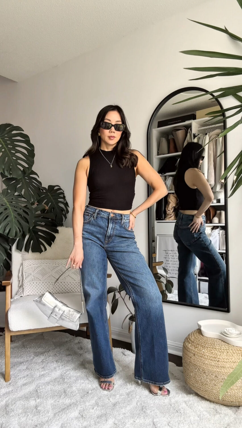 Minimalist & chic OOTD - boot cut jeans with blank tank and silver bag. 