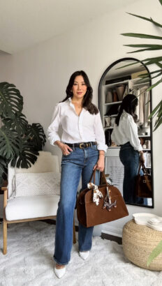 quiet luxury outfit - white button down shirt with dark denim and suede bag