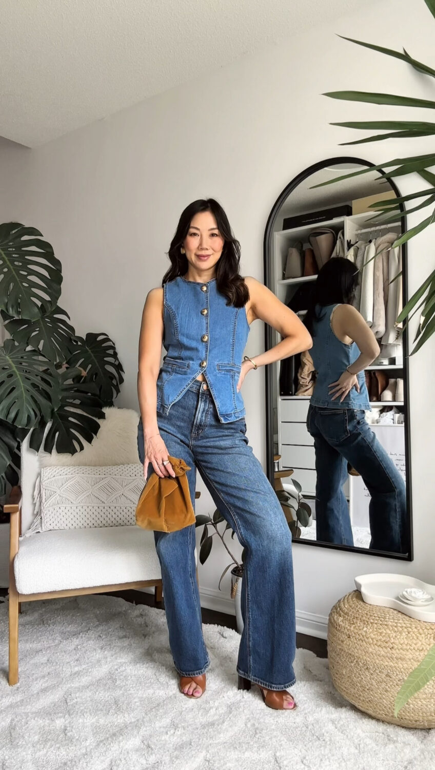 Denim and denim trend with jean waistcoat and boot cut jeans and brown accessories