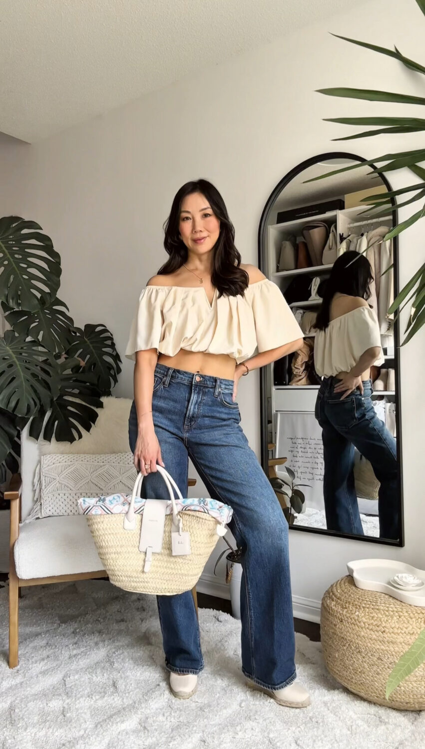 Summer OOTD - OTS top, boot cut jeans and raffia bag