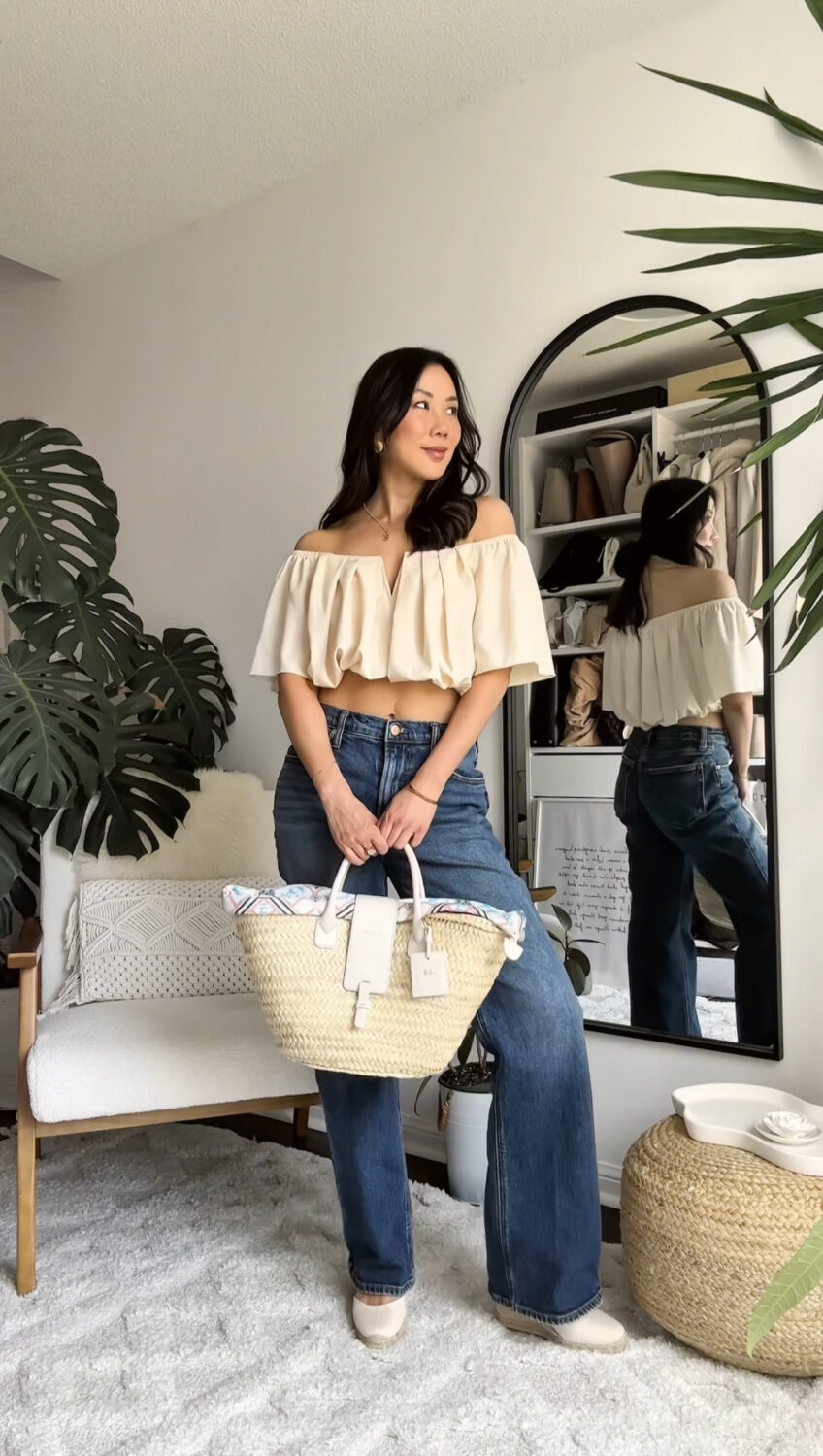 Casual summer OOTD - Off the shoulder top, boot cut jeans and raffia bag
