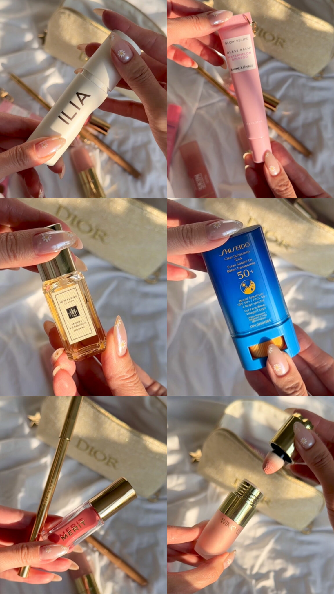 Beauty flatllay collage of summer makeup bag essentials including ILIA foundation stick, MERIT lip oil, Rhode lip liner, Glow Recipe balm, and other clean beauty favourites for a fresh, glowy makeup look