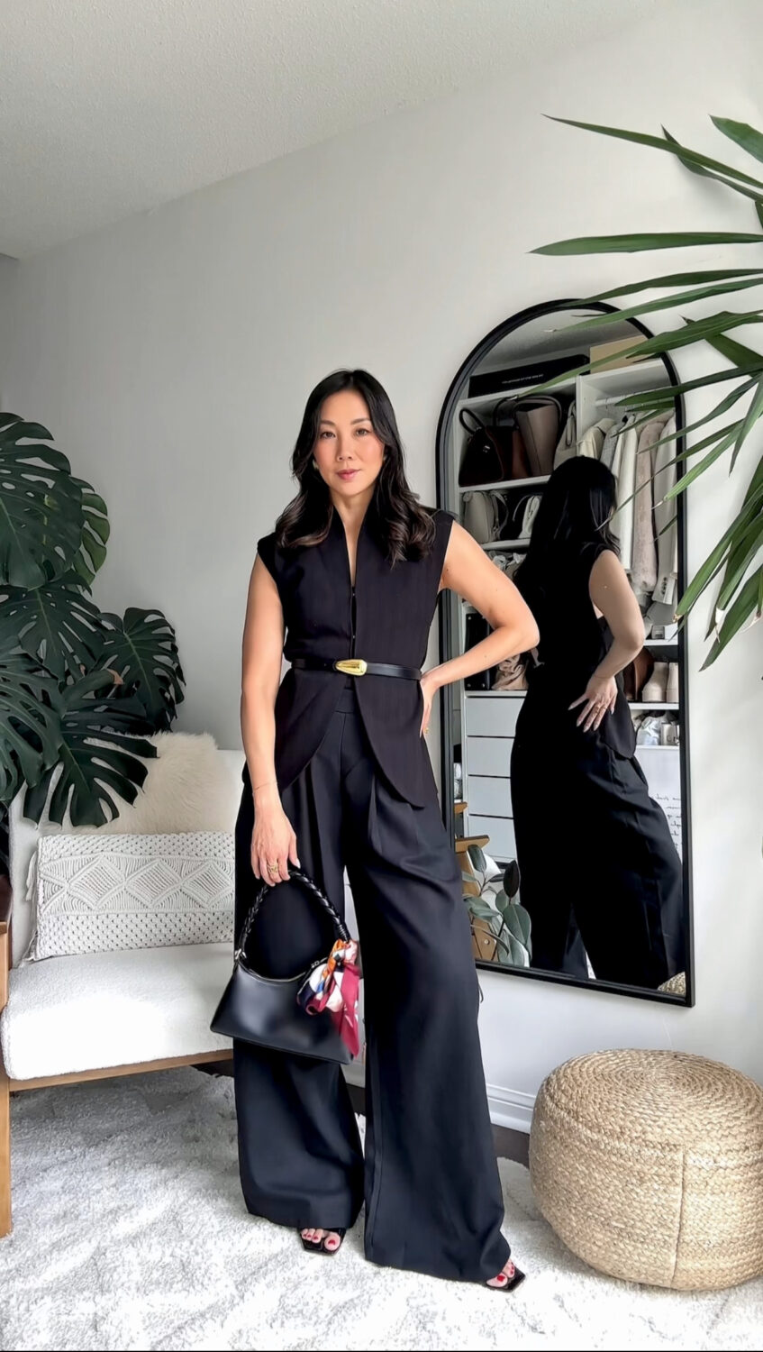 Chic workwear look with black vest and wide leg trousers - Fall Capsule Wardrobe from Commense