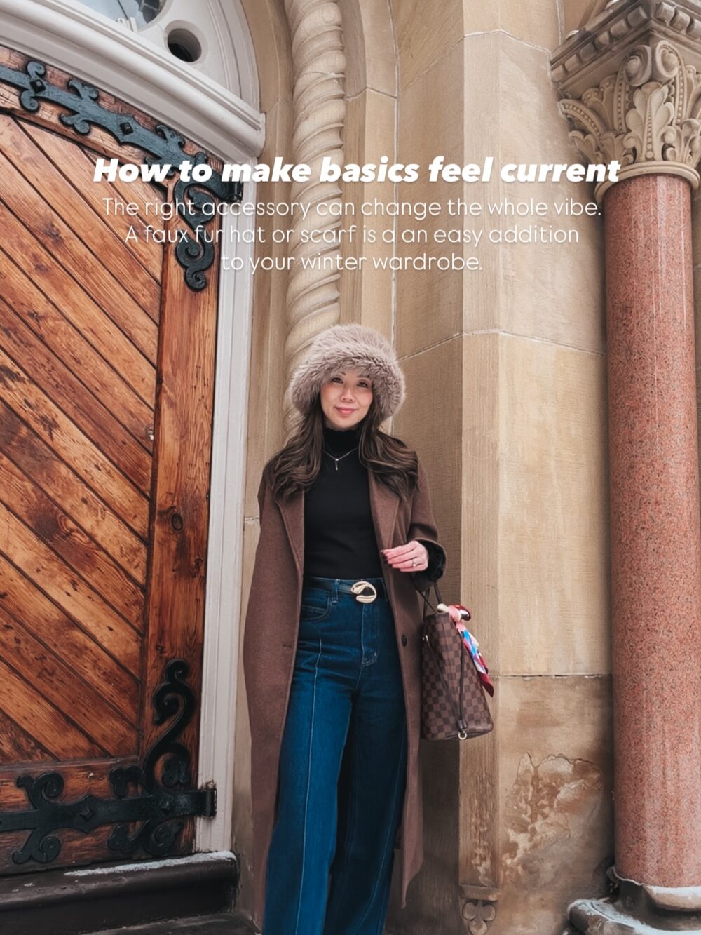 YesMissy styling a casual winter outfit with jeans, a neutral jacket, tall boots, and a faux fur hat as a statement accessory to upgrade a classic city winter look.