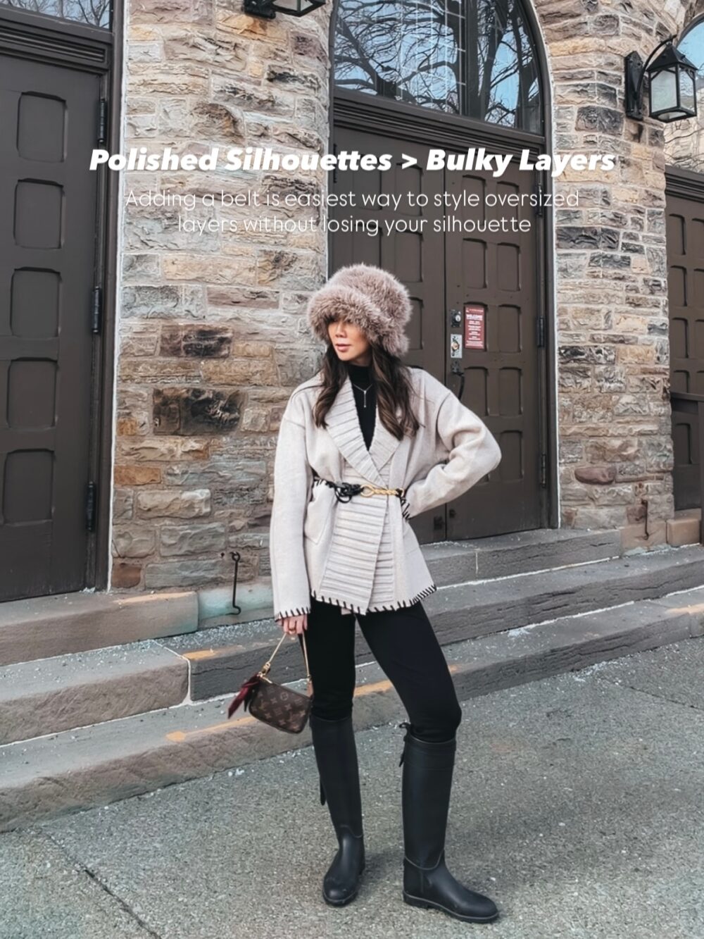 YesMissy wearing an elevated winter outfit with a faux fur coat layered over simple neutral basics, creating an effortlessly chic and expensive-looking city winter style.