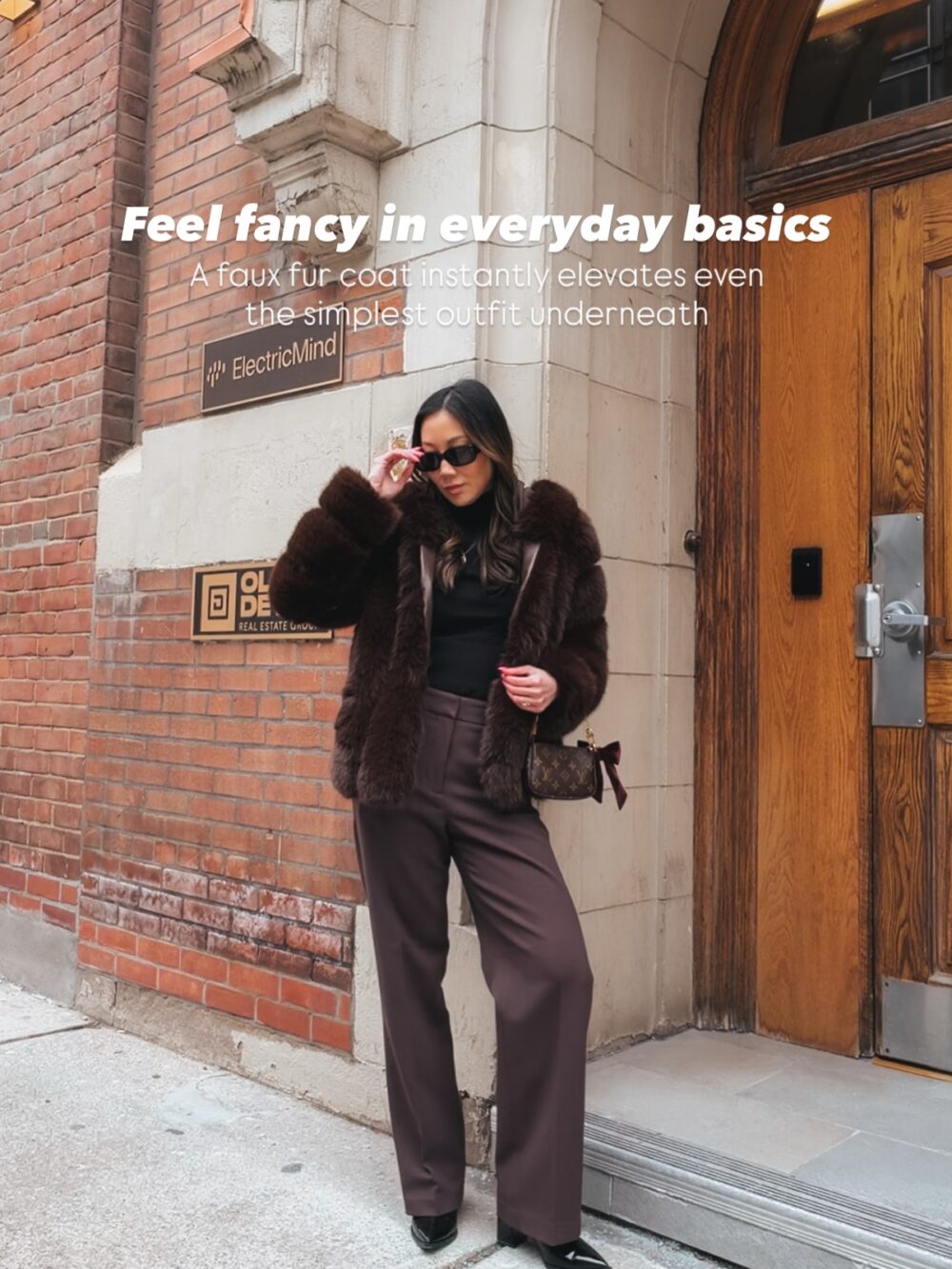 YesMissy wearing an elevated winter outfit with a faux fur coat layered over simple neutral basics, creating an effortlessly chic and expensive-looking city winter style.