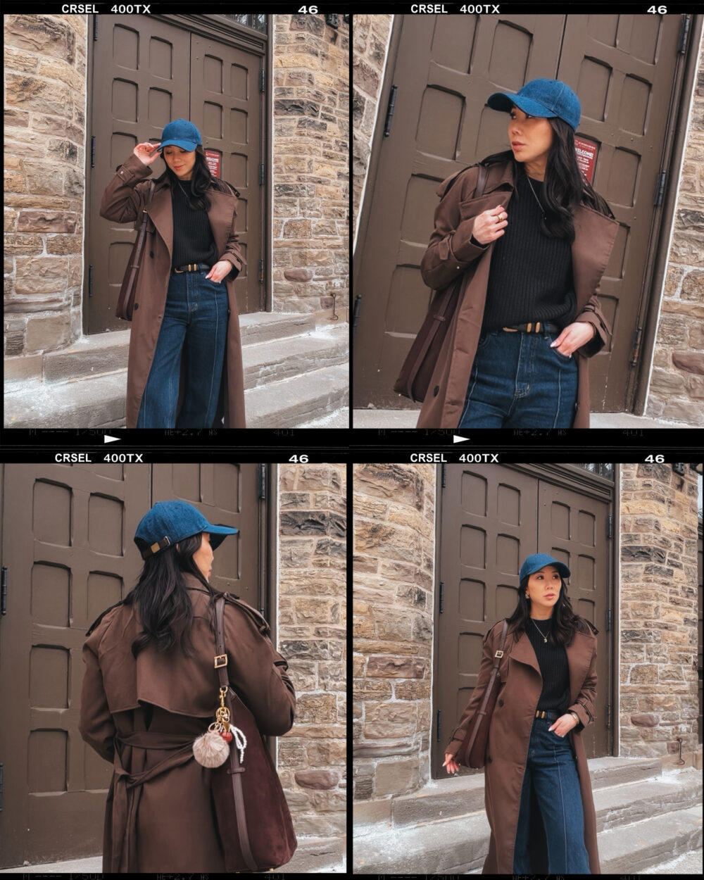 Brown trench coat style with dark denim and gol bedd for a spring capsule wardrobe look