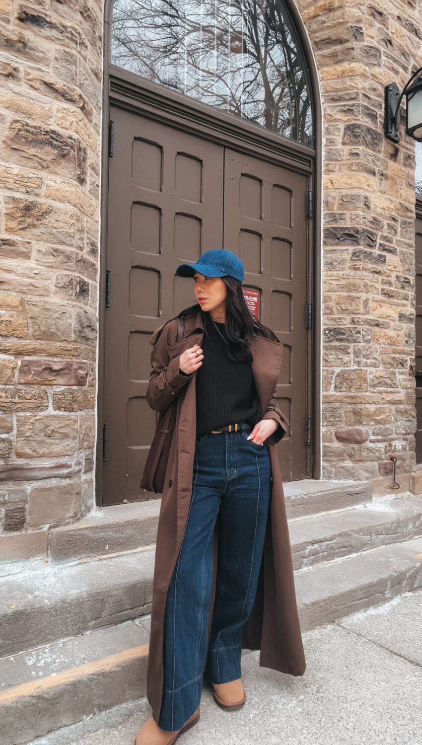 Streetstyle look with long trench coat