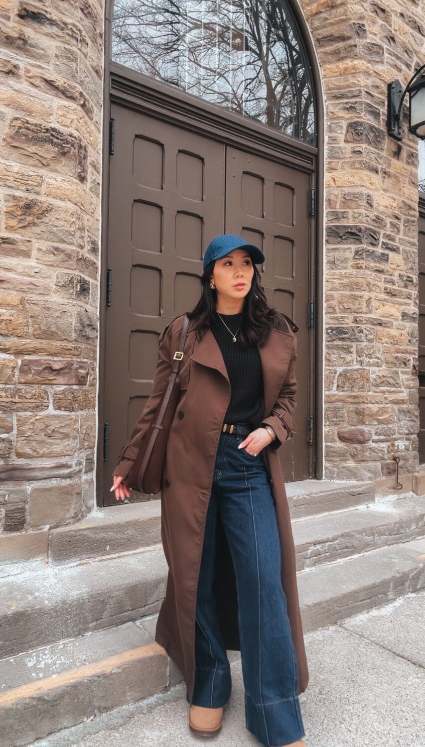 transitional outfit idea: trench coat and denim
