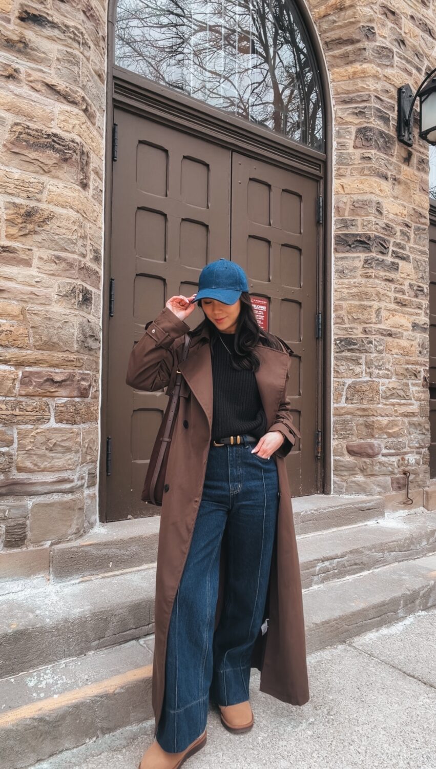 Easy outfit ideas for everyday with capsule wardrobe basics - trench coat and dark denim